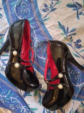 Black Patent Pearl-Strap Stilletto Heels